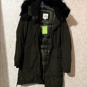 Sam Edelman Dark Green Puffer Coat with Black Faux Fur​